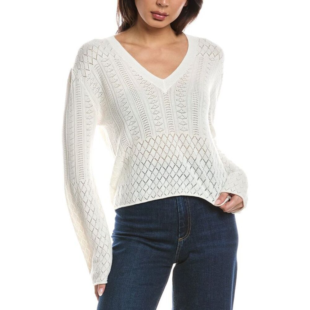 Wispr Womens  Pointelle V-Neck Silk-Blend Sweater, Blue